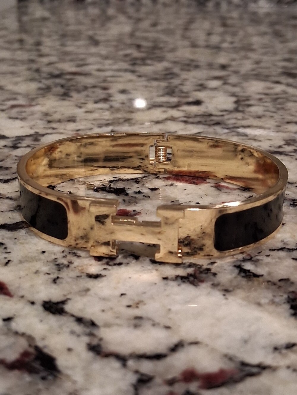 Gold Hinge Bangle Bracelet with Black Inlay